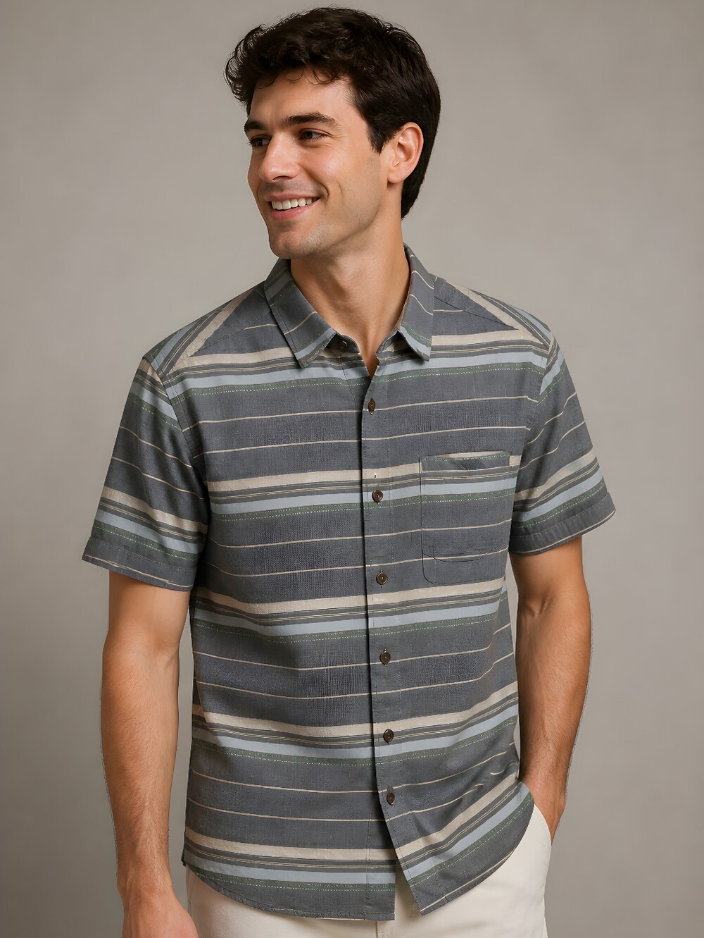 7Diamonds Men's Short Sleeve Striped Button Down Shirt Grey Green Size S